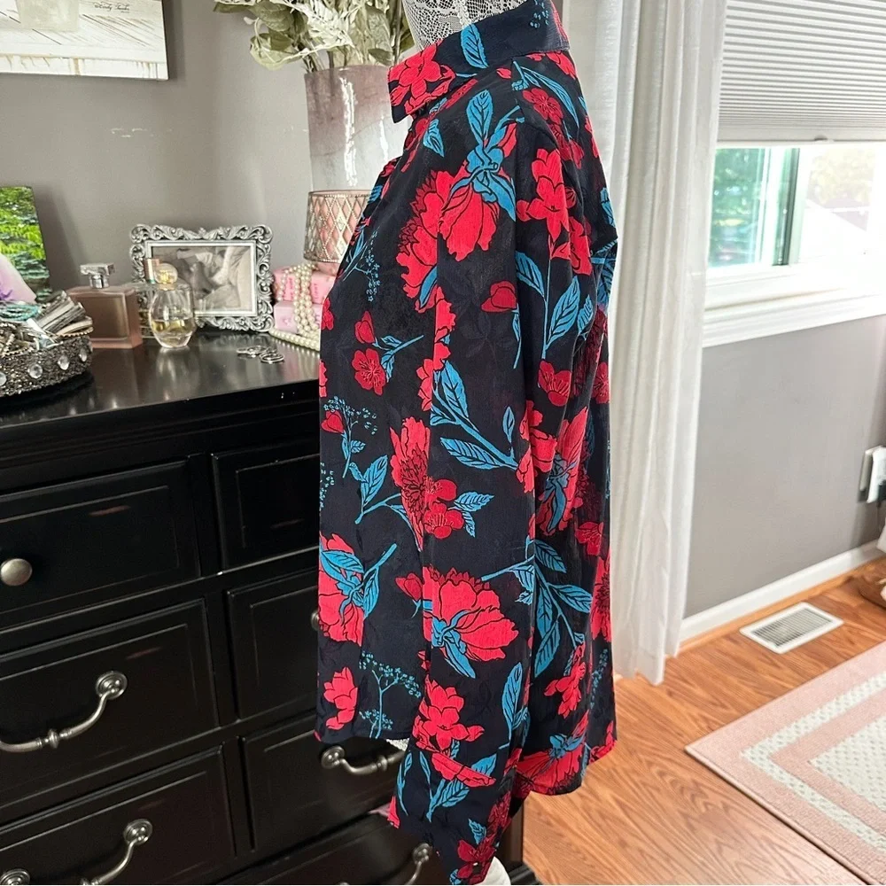 Zara Z1975 Semi-Sheer Maximalist Black Red Blue Bold Floral Blouse Size M - Picture 6 of 16
